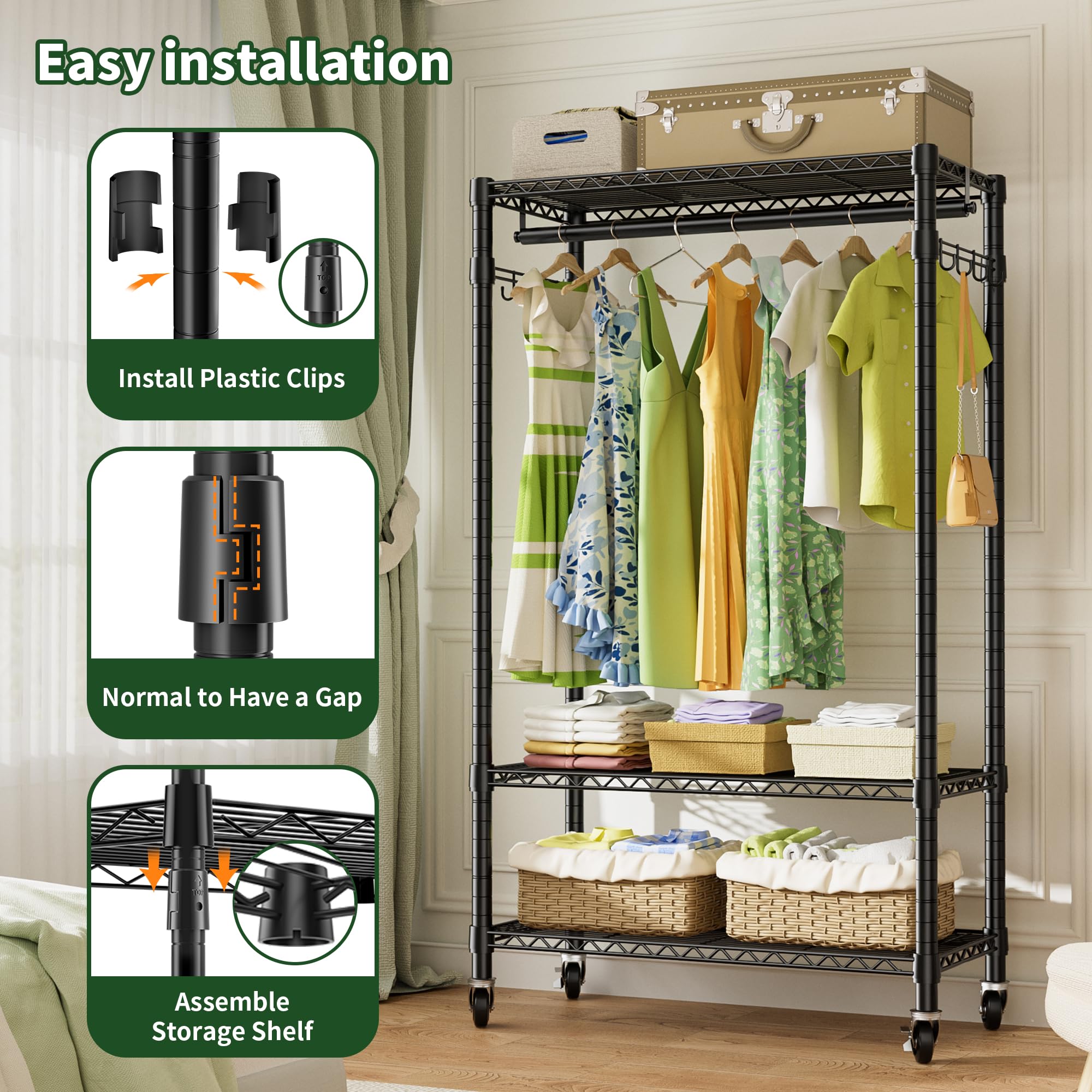 SEMHOR S3-M Portable Closets Rolling Clothes Rack 3 Tier Heavy Duty Clothing Rack with 2 Hanging Rod and 2 Side Hooks, Freestanding Adjustable Wardrobe Garment Rack for Bedroom Laundry