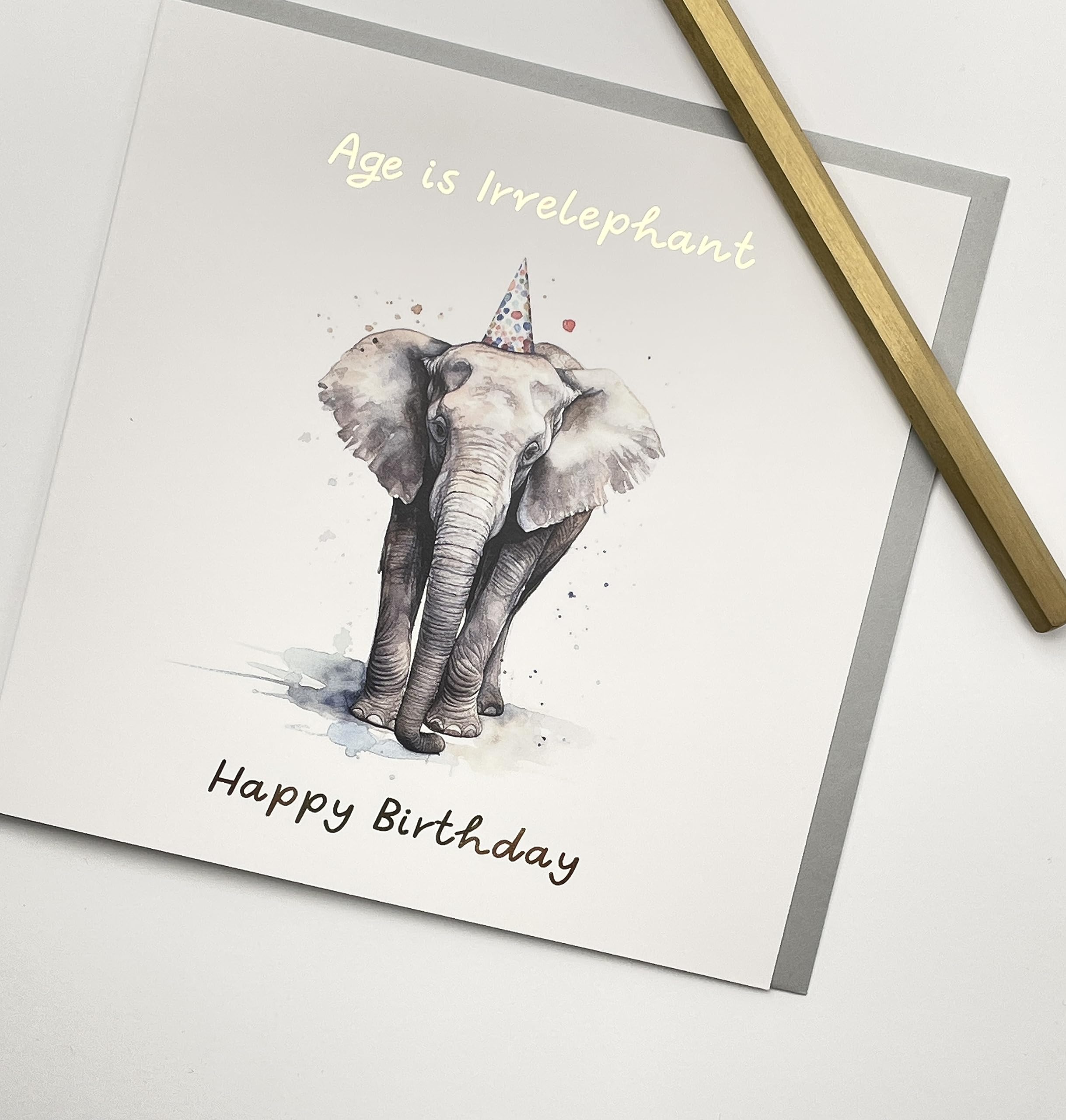 Old English Co. Age Is irrelephant Birthday Card for Her - Funny Elephant Party Hat Birthday Card for Mum, Dad, Nan - Gold Foil Birthday Card for Women and Men | Blank Inside with Envelope