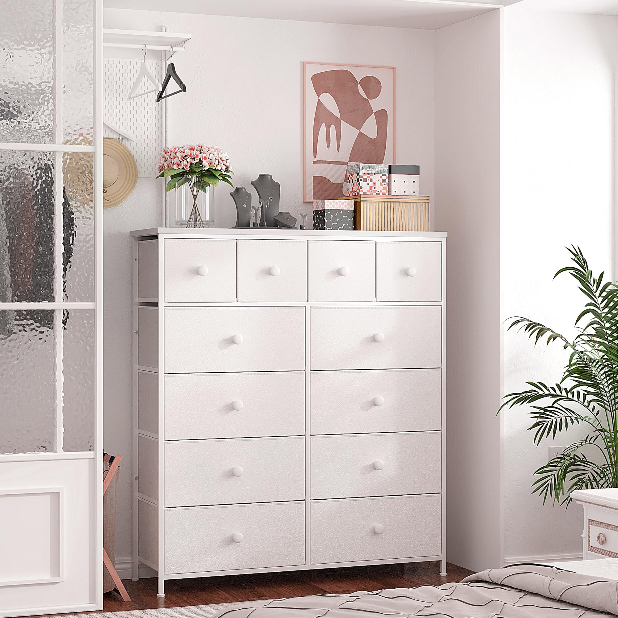 EnHomee White Dresser for Bedroom with 12 Drawers Dressers & Chest of Drawers with Wood Top, Metal Frame,Tall Dressers for Girls Bedroom,Living Room,Hallway,Closet