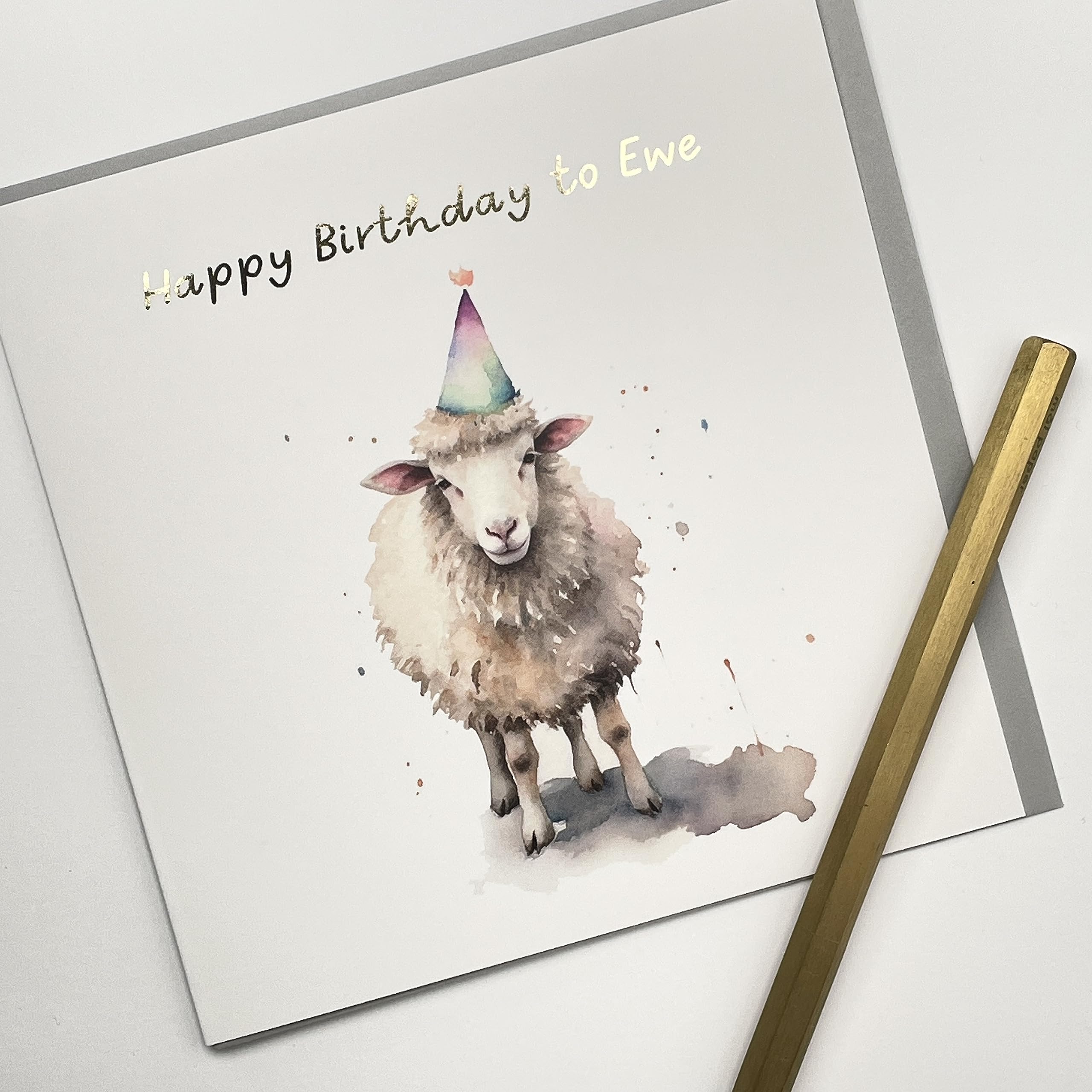 Old English Co. Sheep Happy Birthday Card for Her - Funny Sheep Party Hat Birthday Card for Mum, Dad, Daughter, Son - Gold Foil Birthday Card for Women and Men | Blank Inside with Envelope