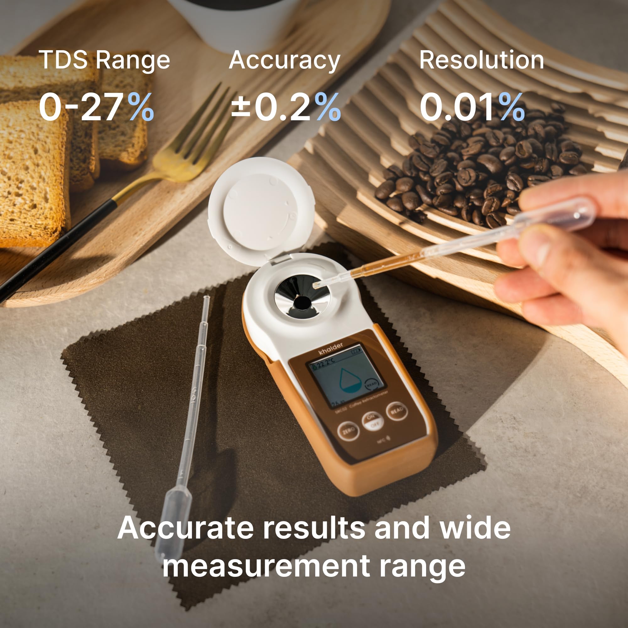 Digital Coffee Refractometer - Pairs with Smartphone | Range 0-27%; Accuracy ±0.2%; ATC 50°F to 140 °F | Portable Handheld | Made in Korea | Measures Coffee TDS Easy to Read | IP65 Waterproof