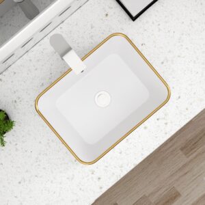 Dcolora Vessel Sink Rectangular 16"x12" White Vessel Sink with Gold Rim Ceramic Porcelain Rectangle Bathroom Sink Above Counter Vanity Sink Basin