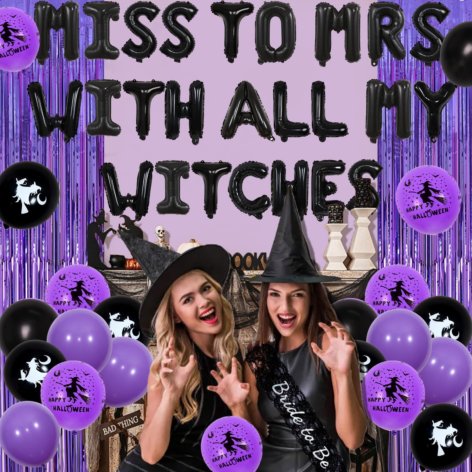 Halloween Bachelorette Party Decorations, Miss to Mrs with All My Witches Balloons Banner, Bride to Be Sash, Witch Hat Diamond Ring Balloons, Fringe Curtain for Women Witch, Bridal Shower Party Decor