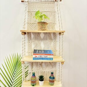 Macrame Wall Hanging Shelf Set, 3 Tier Macrame Wall Hanging Shelf for Wall Decor with Handmade Woven Rope Hanger for Kitchen, Bathroom, Home Storage