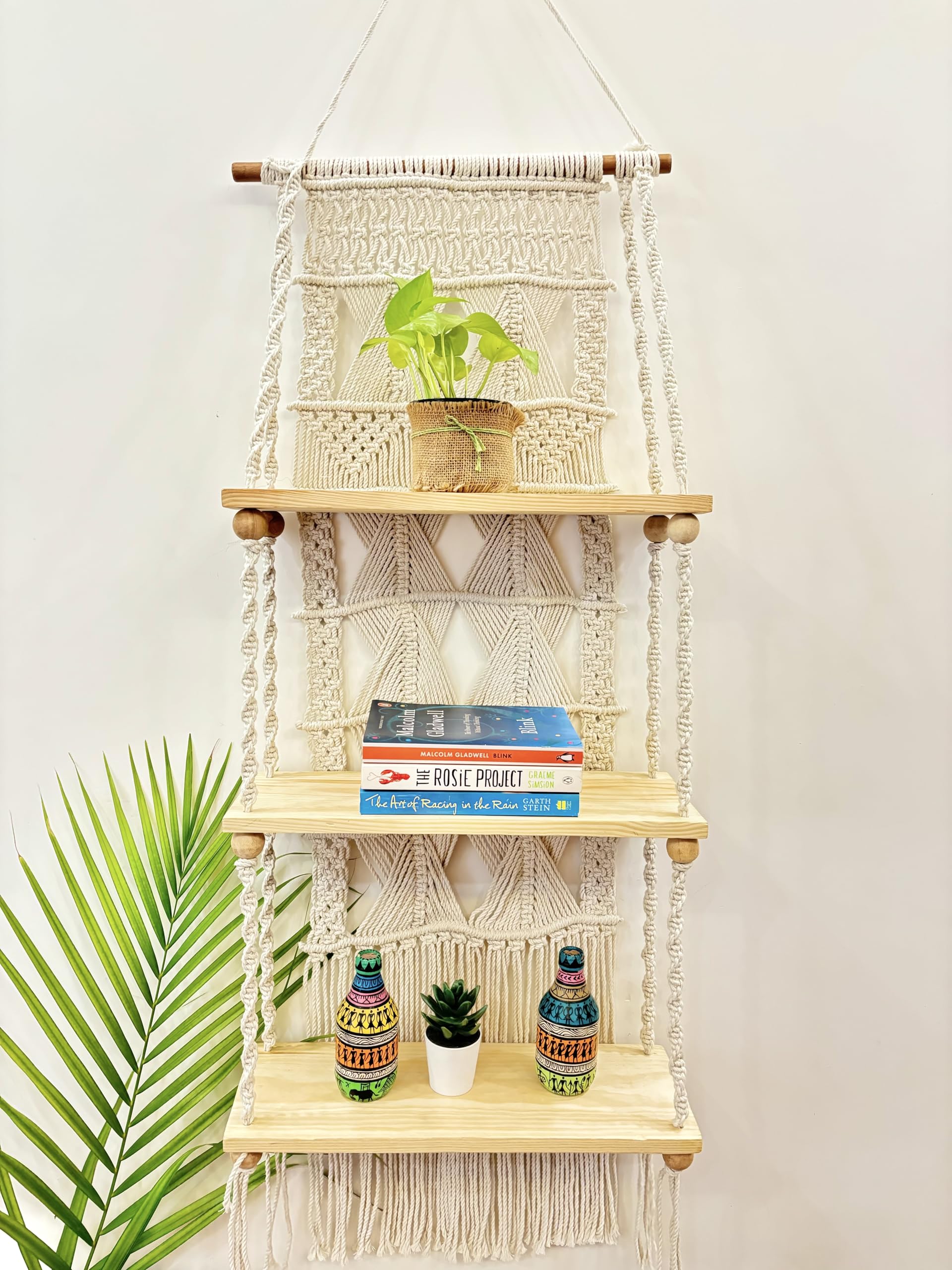 Macrame Wall Hanging Shelf Set, 3 Tier Macrame Wall Hanging Shelf for Wall Decor with Handmade Woven Rope Hanger for Kitchen, Bathroom, Home Storage