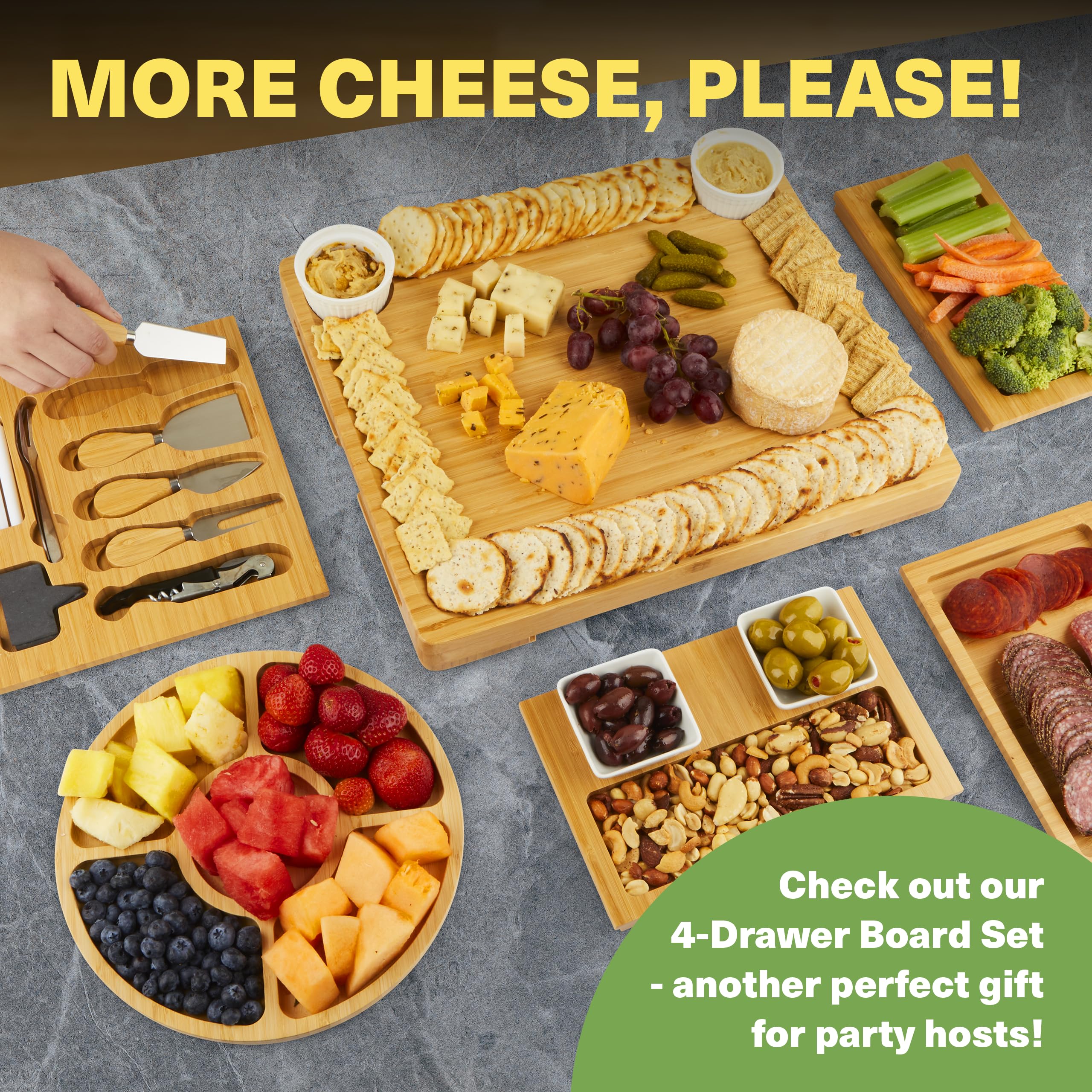 Charcuterie Board Gift Set, Expandable Bamboo Cheese Board with Stainless Steel Serving Utensils, Ceramic Bowls, Appetizer and Serving Trays, Utensil Trays - Housewarming 2 Drawers