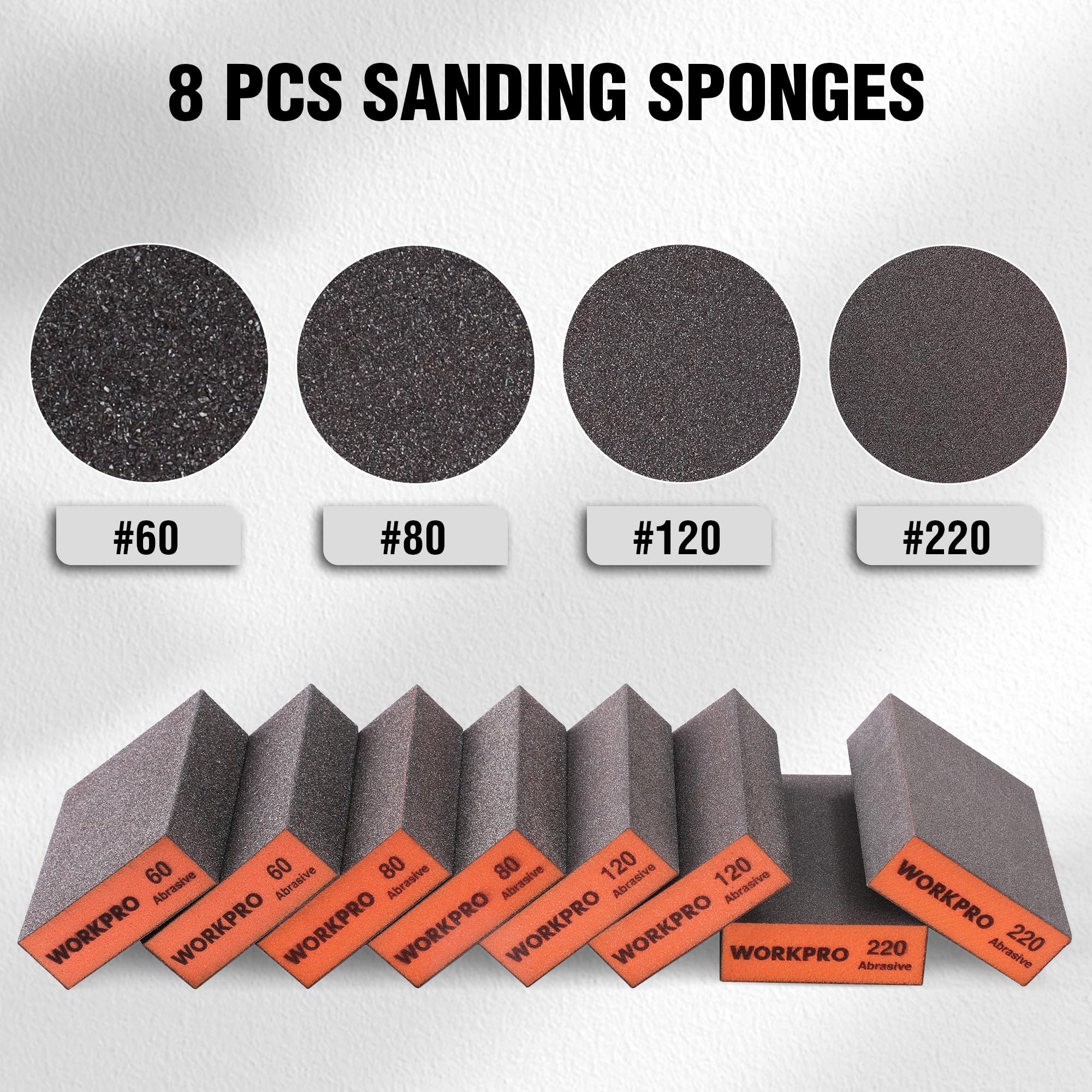 WORKPRO Sanding Sponge, 8 Pack Wet and Dry Dual-use Sanding Block, 60/80/120/220 Grit Assortment, Reusable Sandpaper Block for Wood, Metal, and Drywall