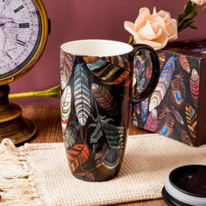 Topadorn Ceramic Coffee Mug Porcelain Latte Tea Cup With Lid and Present Box 17oz,Feather