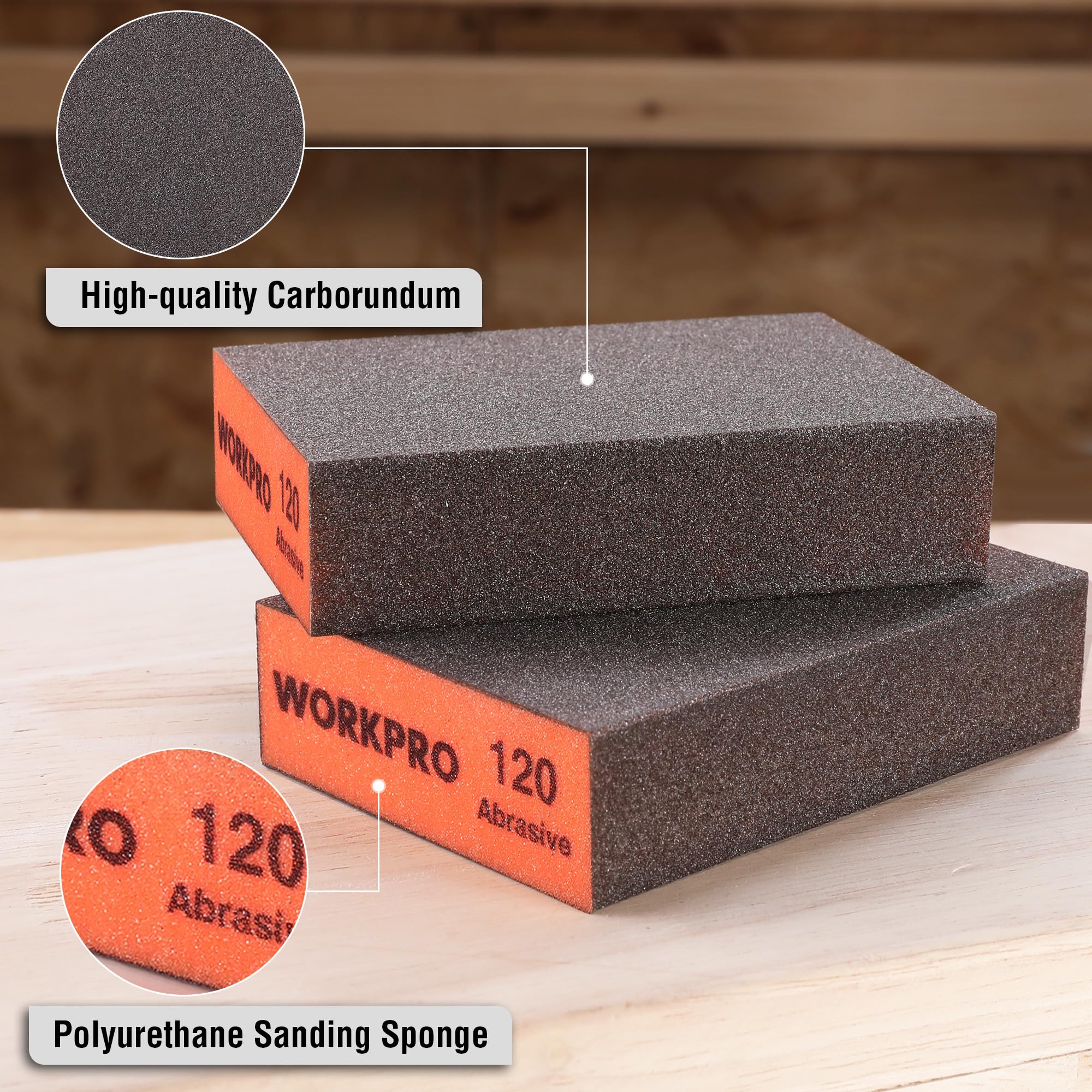 WORKPRO Sanding Sponge, 8 Pack Wet and Dry Dual-use Sanding Block, 60/80/120/220 Grit Assortment, Reusable Sandpaper Block for Wood, Metal, and Drywall