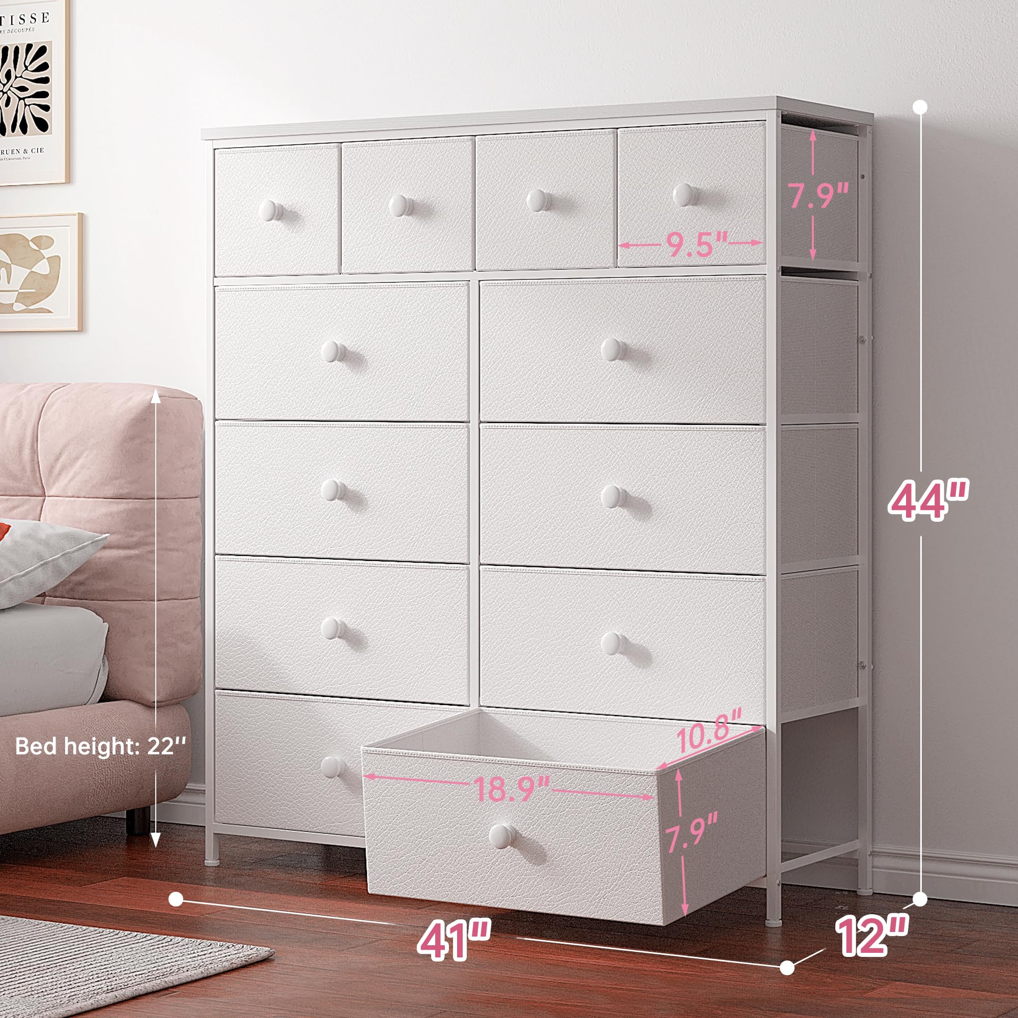 EnHomee White Dresser for Bedroom with 12 Drawers Dressers & Chest of Drawers with Wood Top, Metal Frame,Tall Dressers for Girls Bedroom,Living Room,Hallway,Closet