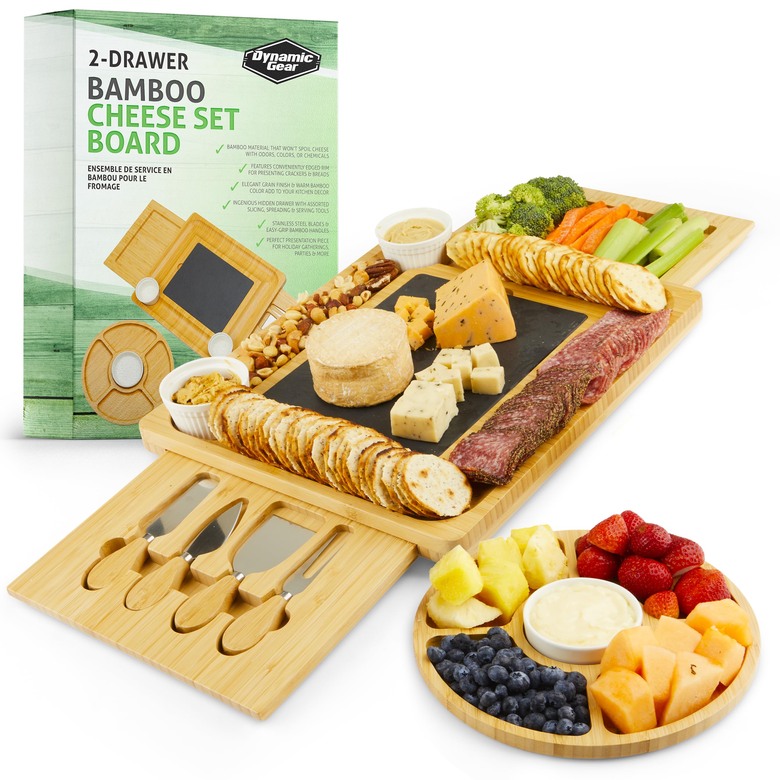 Charcuterie Board Gift Set, Expandable Bamboo Cheese Board with Stainless Steel Serving Utensils, Ceramic Bowls, Appetizer and Serving Trays, Utensil Trays - Housewarming 2 Drawers