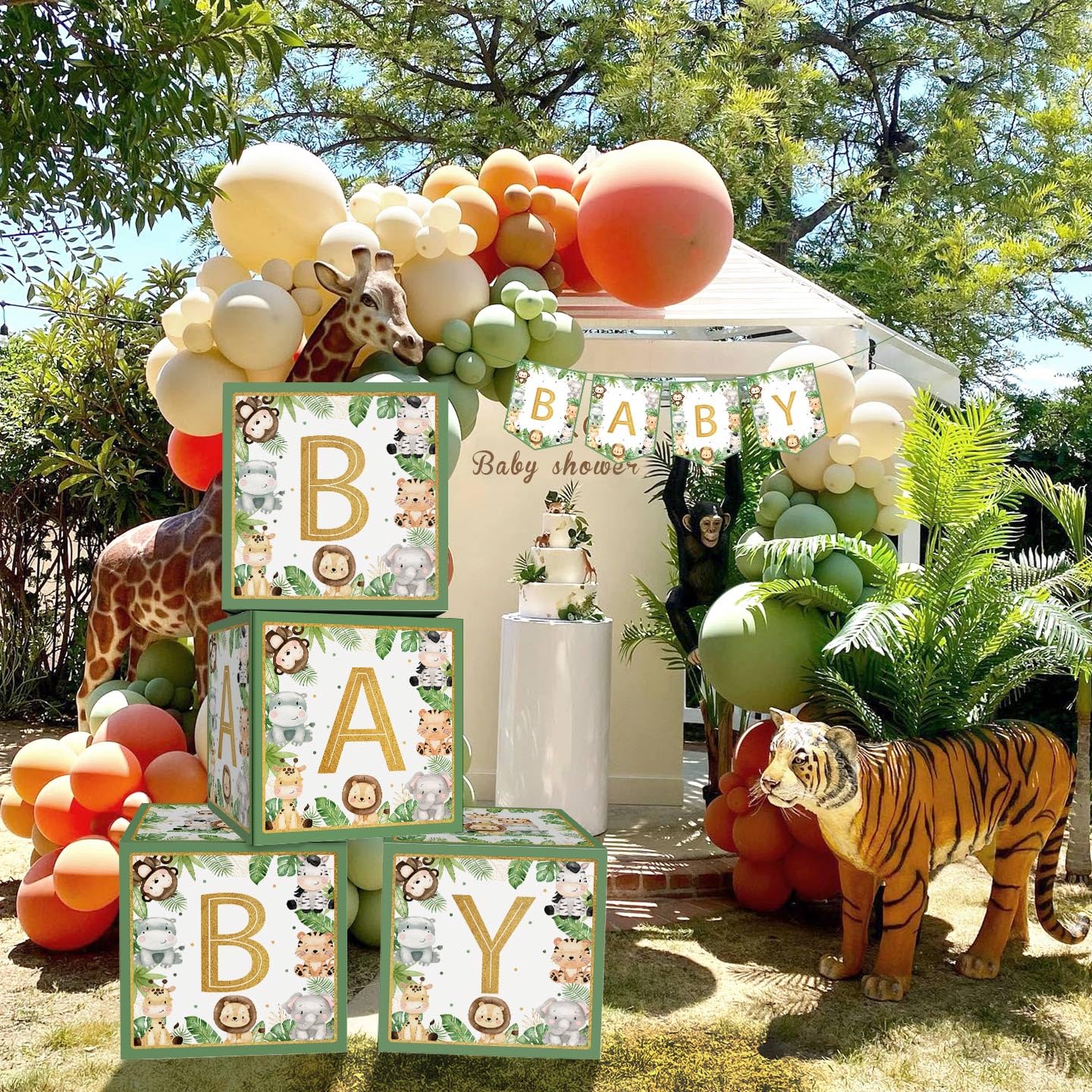 Lopeastar Safari Jungle Baby Shower Decorations Baby Boxes with Letters, 4Pcs Large Green Animals Boys Baby Shower Boxes Blocks and Baby Banner Party Decor