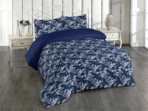 ambesonne floral duvet cover set, monochrome vintage art of continuous flowers and leaves on night themed back, reversible 3 piece bedding set with 2 pillow shams, california king, white navy blue