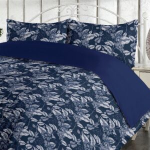 Ambesonne Floral Duvet Cover Set, Monochrome Vintage Art of Continuous Flowers and Leaves on Night Themed Back, Reversible 3 Piece Bedding Set with 2 Pillow Shams, California King, White Navy Blue