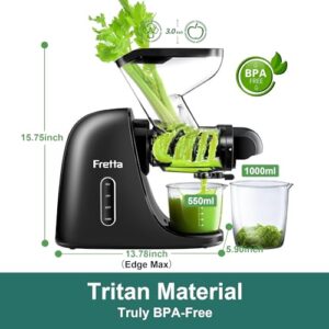 Fretta Masticating Slow Juicers, 3-inch Wide Feeding Chute Cold Press Juicer, Celery Juicer, Juicer Machines Vegetable and Fruit,Juice Recipes Included, 2 Speed, BPA-Free, Easy Clean, 200W(Black)