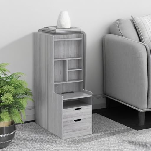 BTHFST Tall Nightstand with Charging Station and LED Lights, LED Gray Nightstand with Drawers and Shelves, Tall Bedside Table with Bookshelf, Side End Table with Storage, Grey