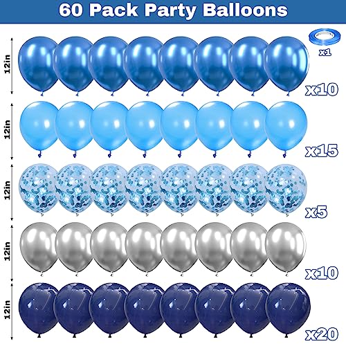 Blue and Silver Balloons, 60Pcs Navy Pearl Blue Party Balloons with Metallic Silver Blue Confetti Helium Latex Balloons, Dark Blue Silver Balloons for Boy Birthday Baby Showers Christening Decorations