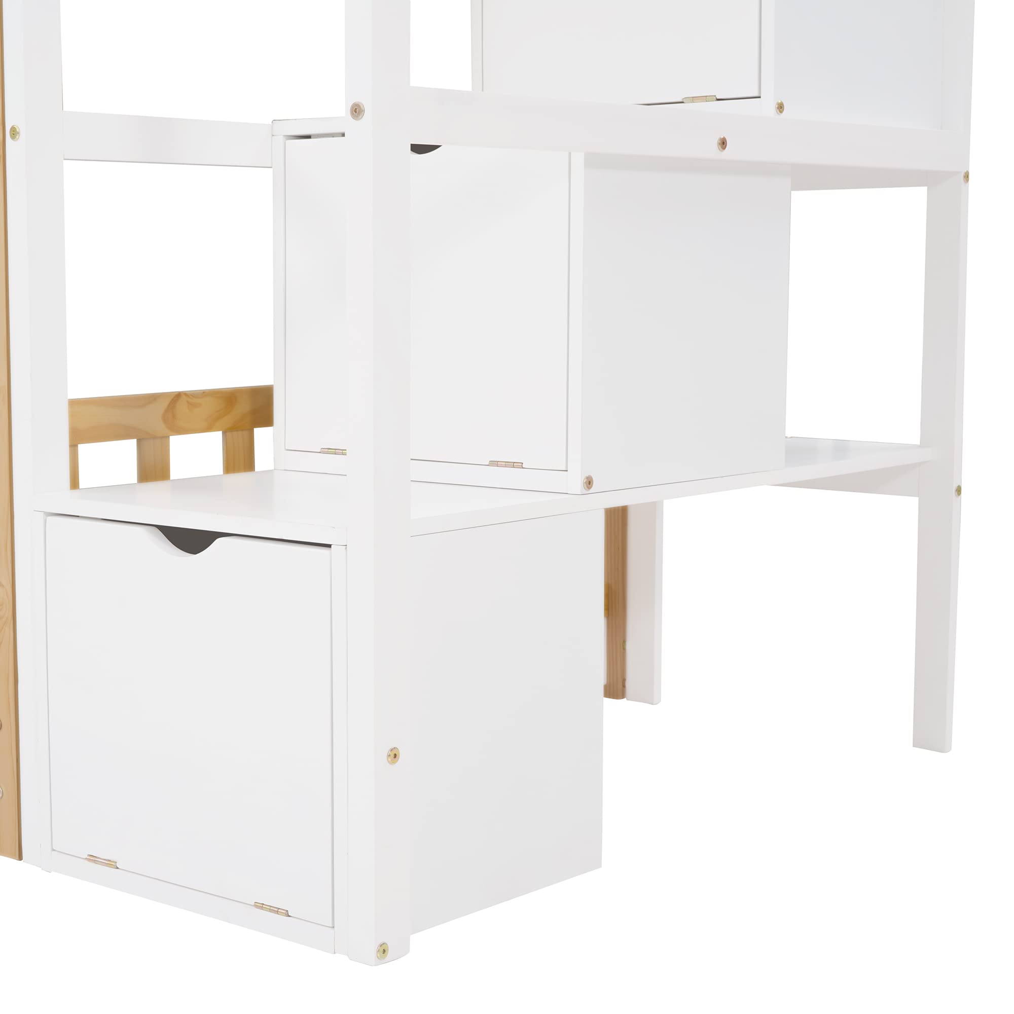 Stairway House Bunk Beds for Kids ,Floor Bunk Beds Twin Over Twin , Wood Bunk Beds with Storage Stairs , Toddlers Bunk Beds with Roof, Window for Girls, Boys , Natural Bed +White Stair