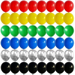 60 pack balloons red yellow green blue black party balloons with metallic silver helium balloon, superhero rainbow colorful latex balloons set for kids birthday carnival superhero themed decorations