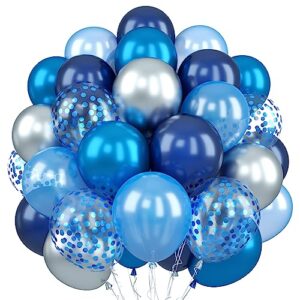 blue and silver balloons, 60pcs navy pearl blue party balloons with metallic silver blue confetti helium latex balloons, dark blue silver balloons for boy birthday baby showers christening decorations