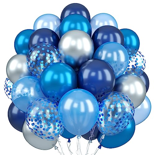 Blue and Silver Balloons, 60Pcs Navy Pearl Blue Party Balloons with Metallic Silver Blue Confetti Helium Latex Balloons, Dark Blue Silver Balloons for Boy Birthday Baby Showers Christening Decorations