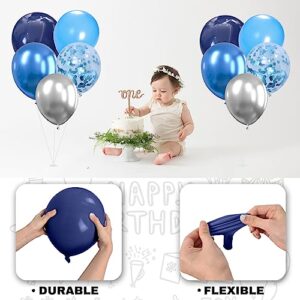 Blue and Silver Balloons, 60Pcs Navy Pearl Blue Party Balloons with Metallic Silver Blue Confetti Helium Latex Balloons, Dark Blue Silver Balloons for Boy Birthday Baby Showers Christening Decorations