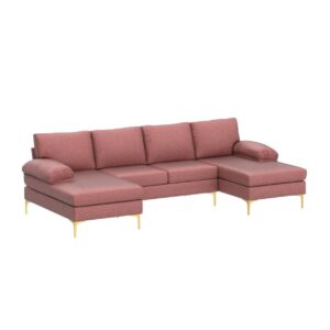 U-Shaped Sectional Sofa Comfy Couch for Living Room Set, 110 inches Wide Modern Large 4-Seat Couch Convertible Soft Velvet Couch Set with Double Chaise Lounge (Pink, Chenille Fabric)