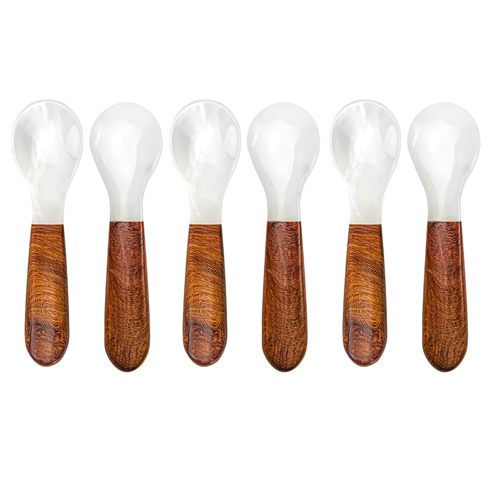 DUEBEL Set of 6 Caviar Spoons of Wood Handle, 4" Mother of Pearl Spoons for Caviar Serving, Egg Serving, Catering Deroration