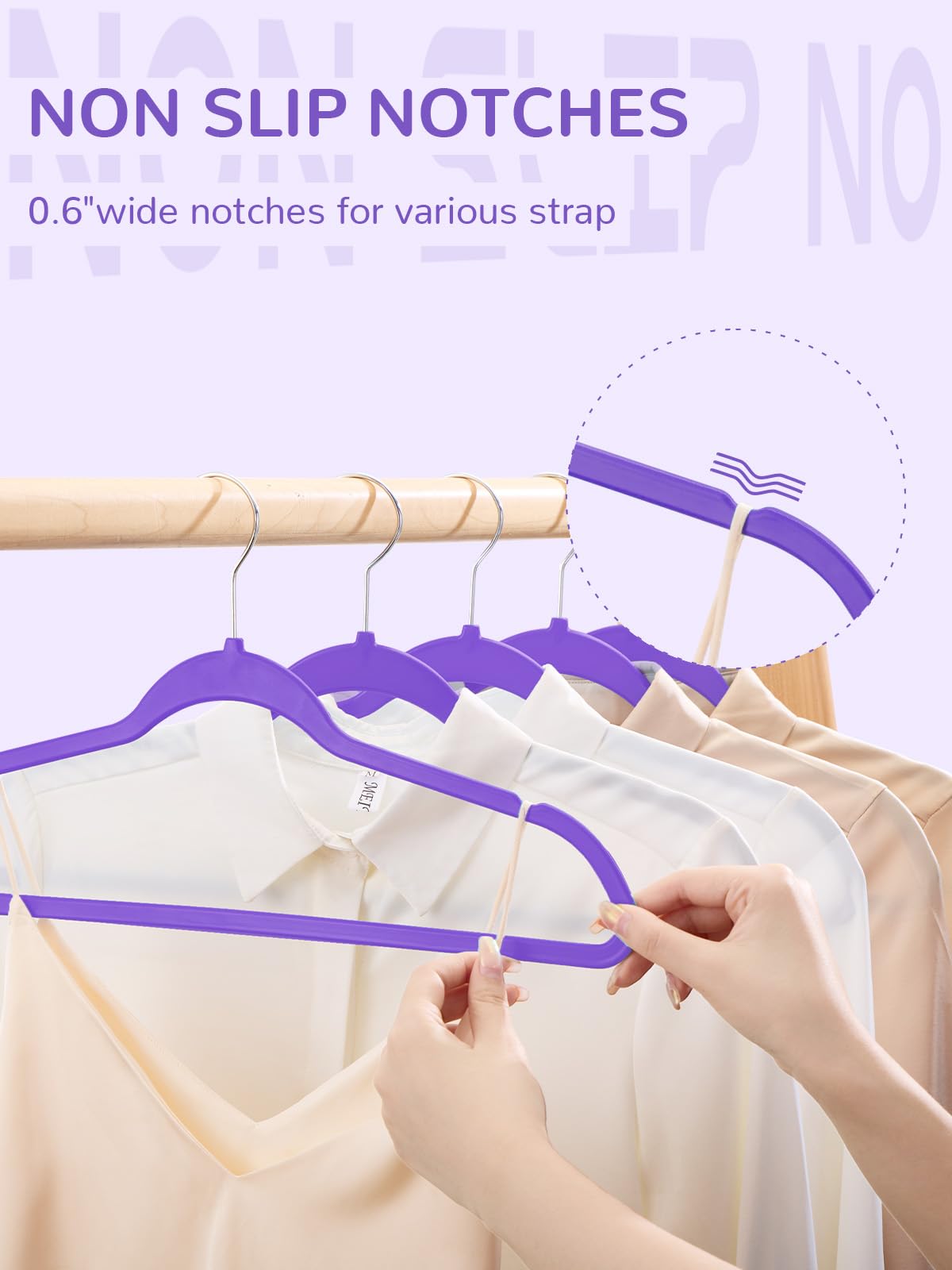 HOUSE DAY 60 Pack Plastic Hangers, Purple Hangers Extra Wide with 360°Swivel Hook, Space Saving Hangers for Bedroom Closet, Shirts, Pants, Heavy Duty Hangers Enough for Coat, Suit