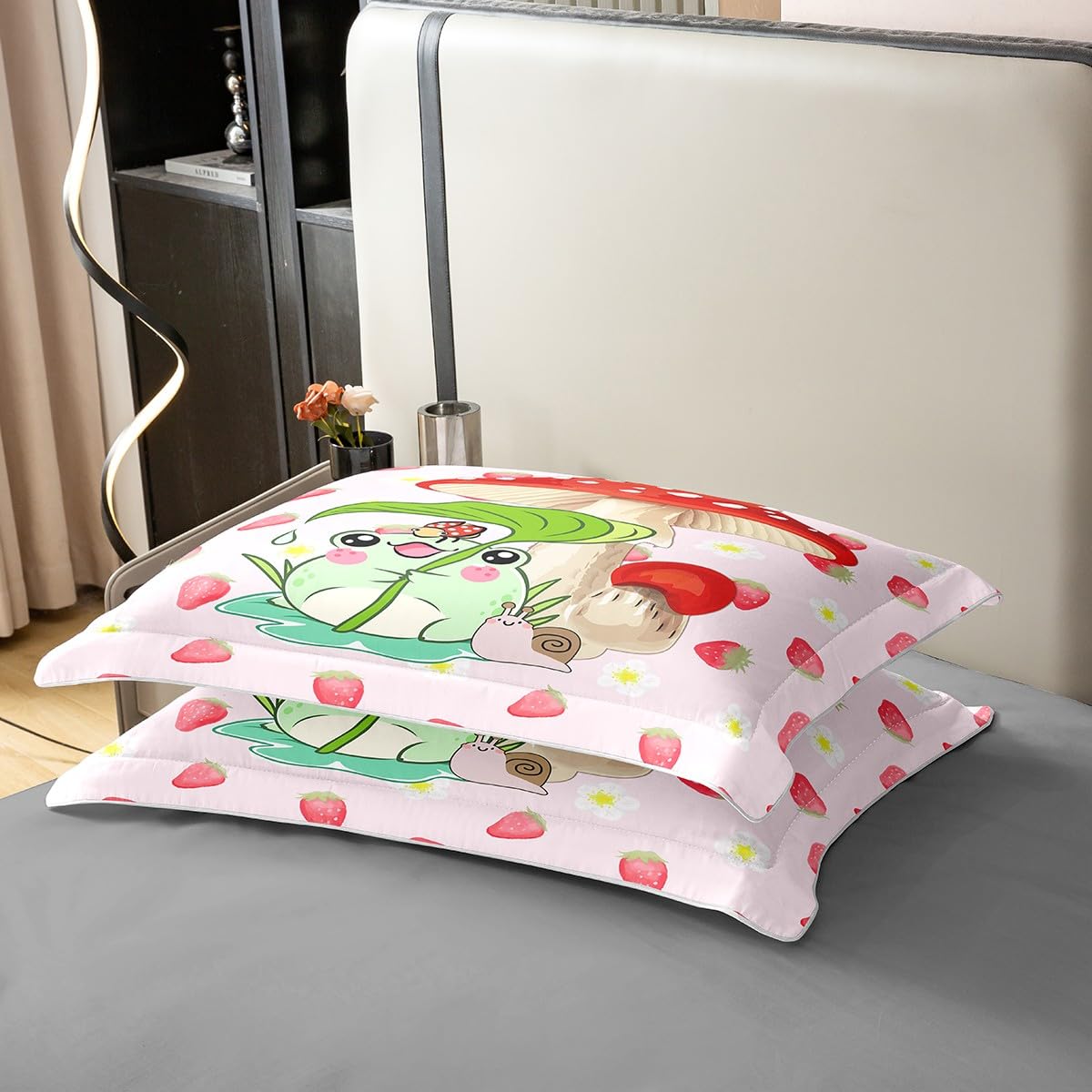 Castle Fairy Kawaii Frog 100% Nature Cotton Duvet Cover Twin Size Pink Strawberry Comforter Cover Twin Size with 1 Pillowcase Mushroom Snails and Ladybugs Aesthetic Luxury Bedding Set