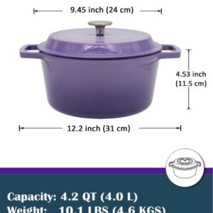 NWsystems 4.2 QT Cast Iron Dutch Oven, Non-stick and Enamel Interior, Multi-purpose Cooking & Baking, Suitable to All Kinds of Cooktops, Dishwasher Safe, and the Gift for Family and Friends - Violet