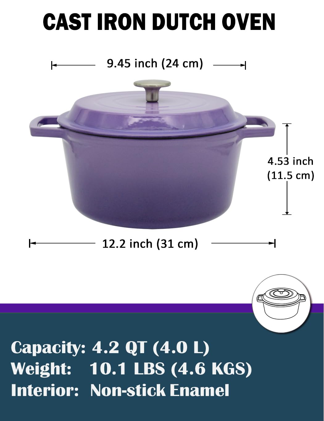 NWsystems 4.2 QT Cast Iron Dutch Oven, Non-stick and Enamel Interior, Multi-purpose Cooking & Baking, Suitable to All Kinds of Cooktops, Dishwasher Safe, and the Gift for Family and Friends - Violet