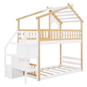 Stairway House Bunk Beds for Kids ,Floor Bunk Beds Twin Over Twin , Wood Bunk Beds with Storage Stairs , Toddlers Bunk Beds with Roof, Window for Girls, Boys , Natural Bed +White Stair