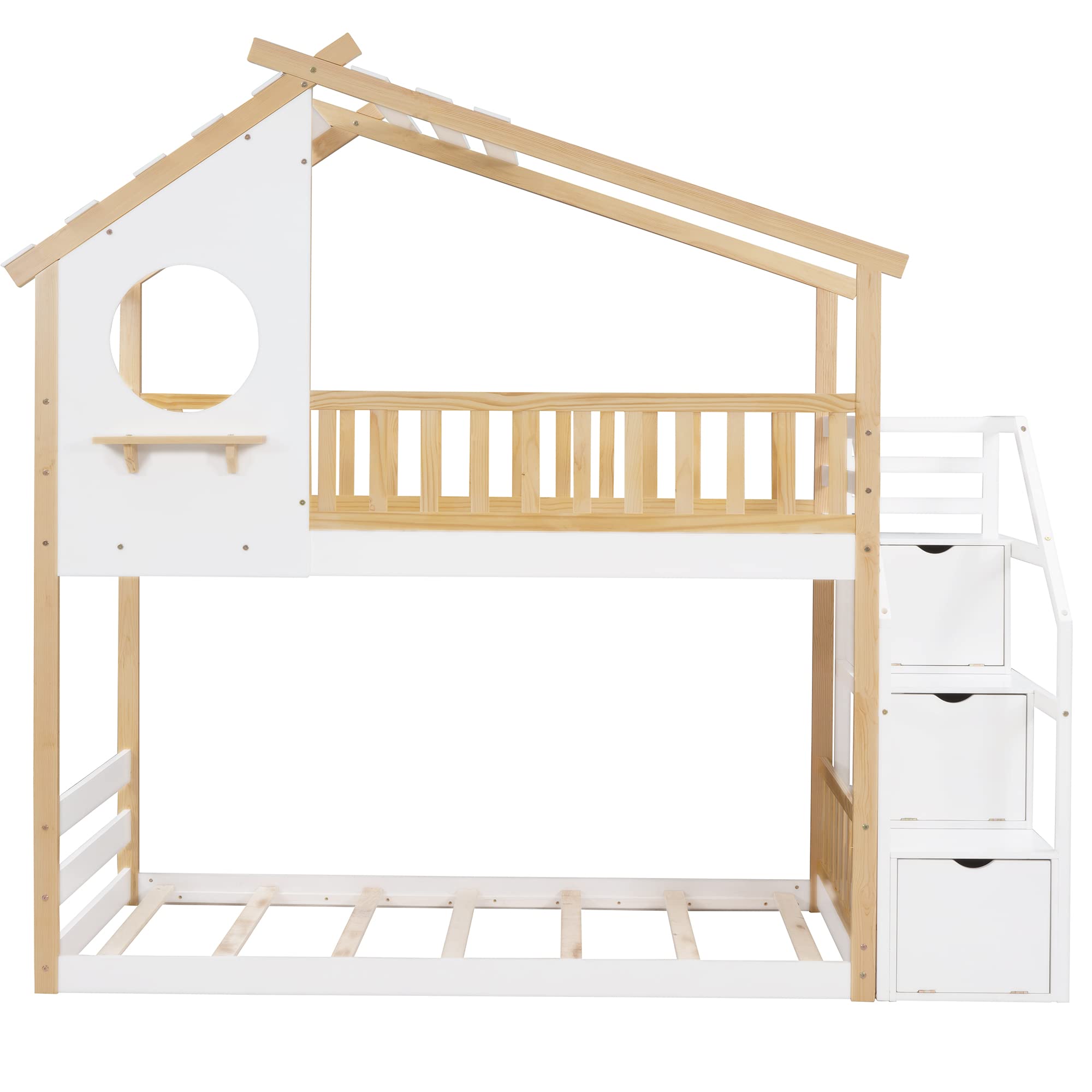 Stairway House Bunk Beds for Kids ,Floor Bunk Beds Twin Over Twin , Wood Bunk Beds with Storage Stairs , Toddlers Bunk Beds with Roof, Window for Girls, Boys , Natural Bed +White Stair