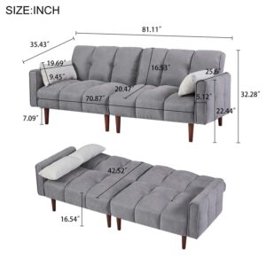 Antetek 81-inch Oversized Futon Sofa Bed, Modern Tufted Linen Fabric Convertible Sleeper Sofa Couch, Oversized Loveseat Sofa with 3 Adjustable Positions and 8 Wooden Legs for Living Room Office, Grey