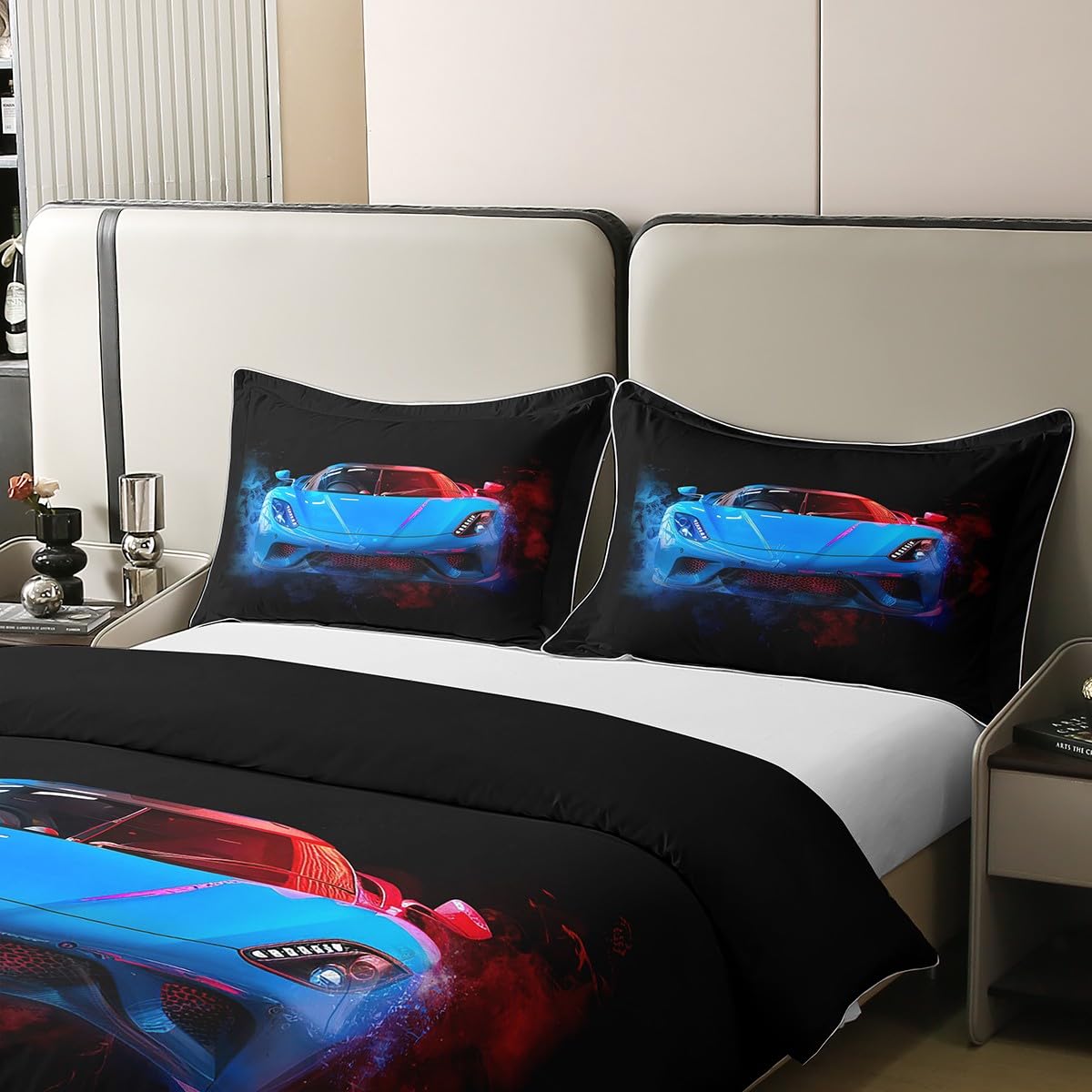 jejeloiu Race Car Duvet Cover 100% Cotton Full Size Speed Sports Car Bedding Cotton Duvet Cover Set Extreme Sports Bedding Set Automobile Comforter Cover Set Car Red Blue Bedspread Cover