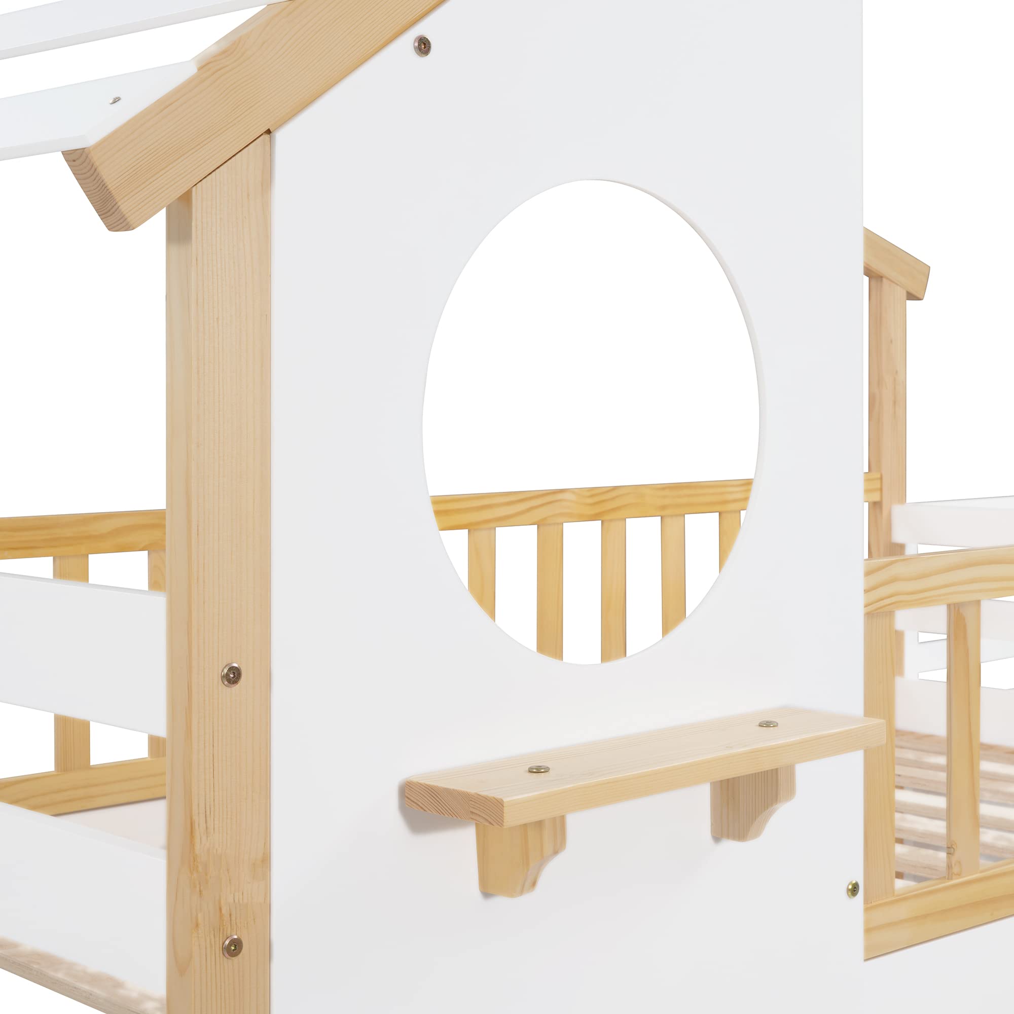 Stairway House Bunk Beds for Kids ,Floor Bunk Beds Twin Over Twin , Wood Bunk Beds with Storage Stairs , Toddlers Bunk Beds with Roof, Window for Girls, Boys , Natural Bed +White Stair