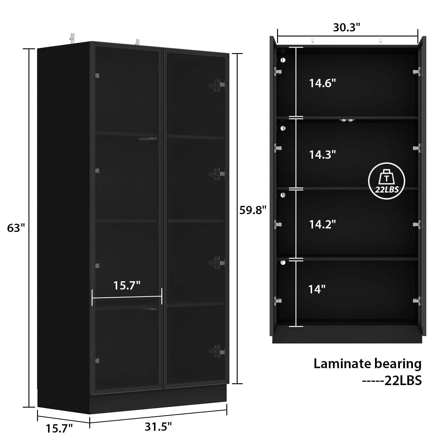 Homsee Bookcase Bookshelf with 4-Tier Shelves, 2 Glass Doors and LED Lights, Wooden Display Storage Cabinet for Home Office, Living Room, Black (31.5”W x 15.7”D x 63”H)