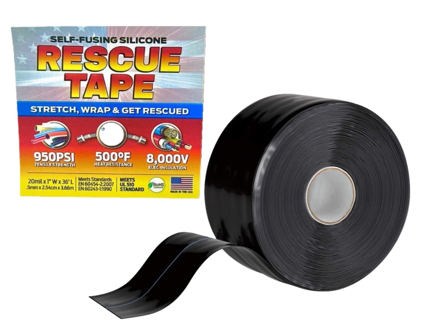 Rescue Tape, Self-Fusing Silicone Tape, Emergency Plumbing Pipe & Radiator Hose Repair, Electrical Insulation, 1" Width x 36' Length x 0.02" Thick, Black