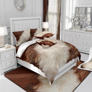 jejeloiu Cowhide Duvet Cover 100% Cotton Queen Size Cow Fur Bedding Cotton Duvet Cover Set Western Farm Animal Skin Brown White Bedspread Cover