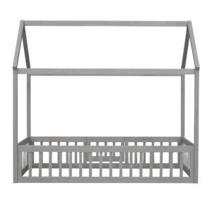 House Bed Twin Bed Frames for Kids,Wood Montessori Floor Bed with Fence and Door Design, Twin Floor Bed with Rails for Girls Boys, Grey Wash