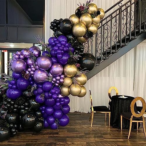 Purple and Black Balloons, 12 Inch Metallic Purple Balloon Black Purple Party Balloons Purple Purple Confetti Latex Helium Balloon for Halloween Wednesday Graduation Birthday Wedding Party Decorations