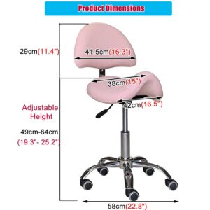 NUNETH Saddle Stool Pink Saddle Chair with Back Support, Esthetician Seat for Dental Office Massage Hospital Clinic, Rolling Chair with Wheels