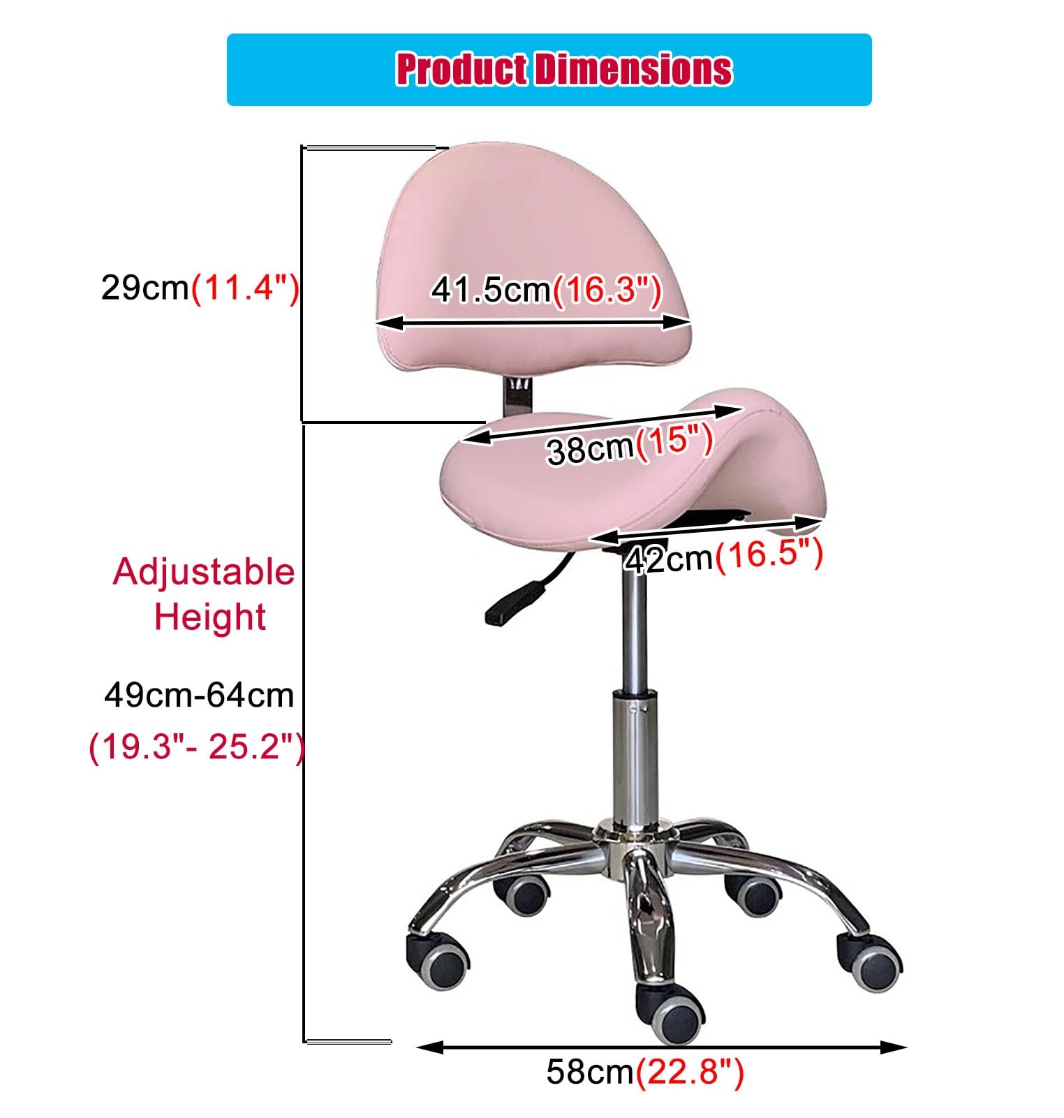 NUNETH Saddle Stool Pink Saddle Chair with Back Support, Esthetician Seat for Dental Office Massage Hospital Clinic, Rolling Chair with Wheels