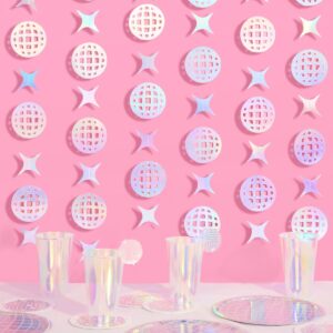 xo, fetti iridescent disco + sparkle hanging garland - 4 pcs, 12' | last disco bachelorette, groovy birthday party decorations, cute retro photo backdrop, hbd, photo booth, space cowboy