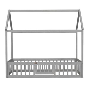 House Bed Twin Bed Frames for Kids,Wood Montessori Floor Bed with Fence and Door Design, Twin Floor Bed with Rails for Girls Boys, Grey Wash