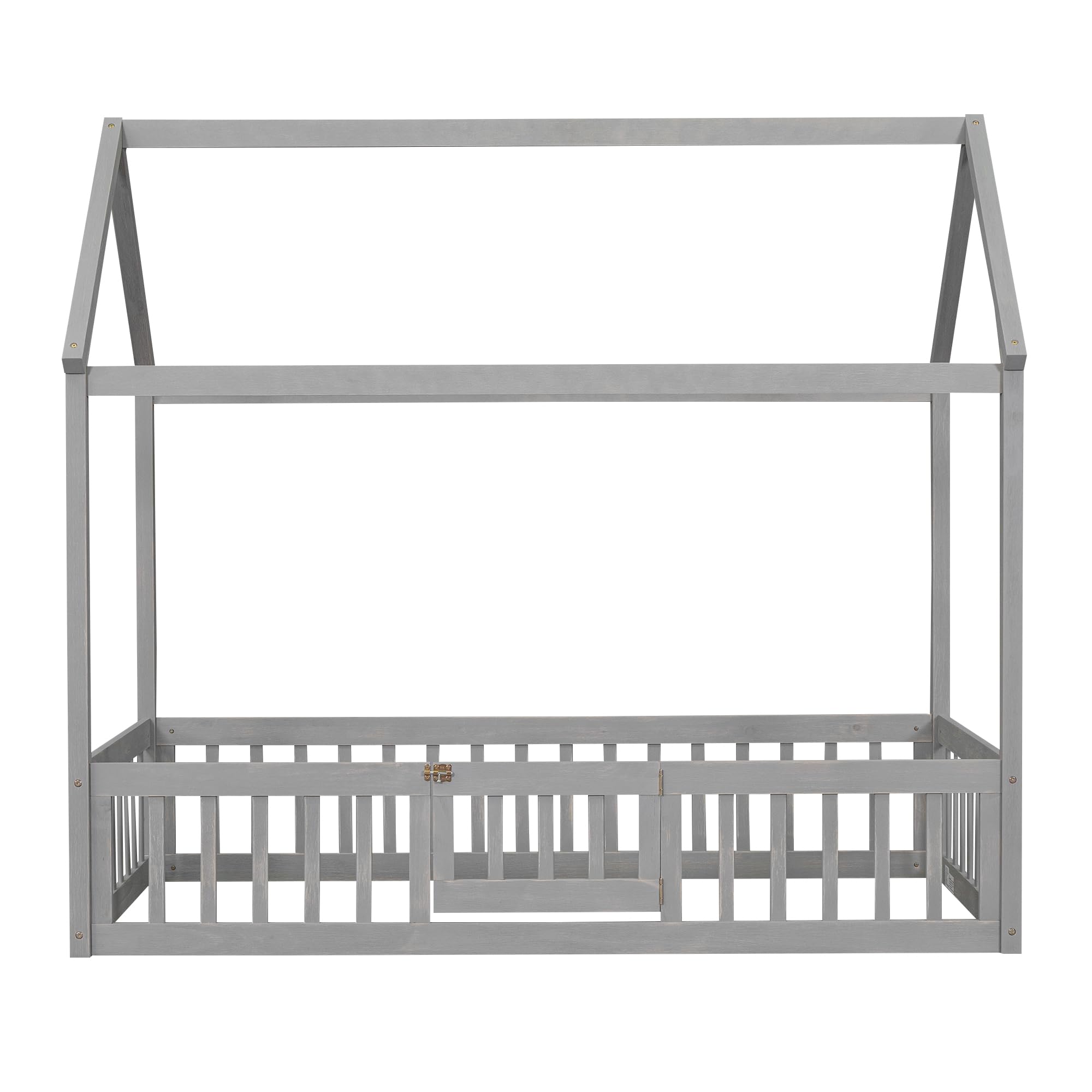 House Bed Twin Bed Frames for Kids,Wood Montessori Floor Bed with Fence and Door Design, Twin Floor Bed with Rails for Girls Boys, Grey Wash