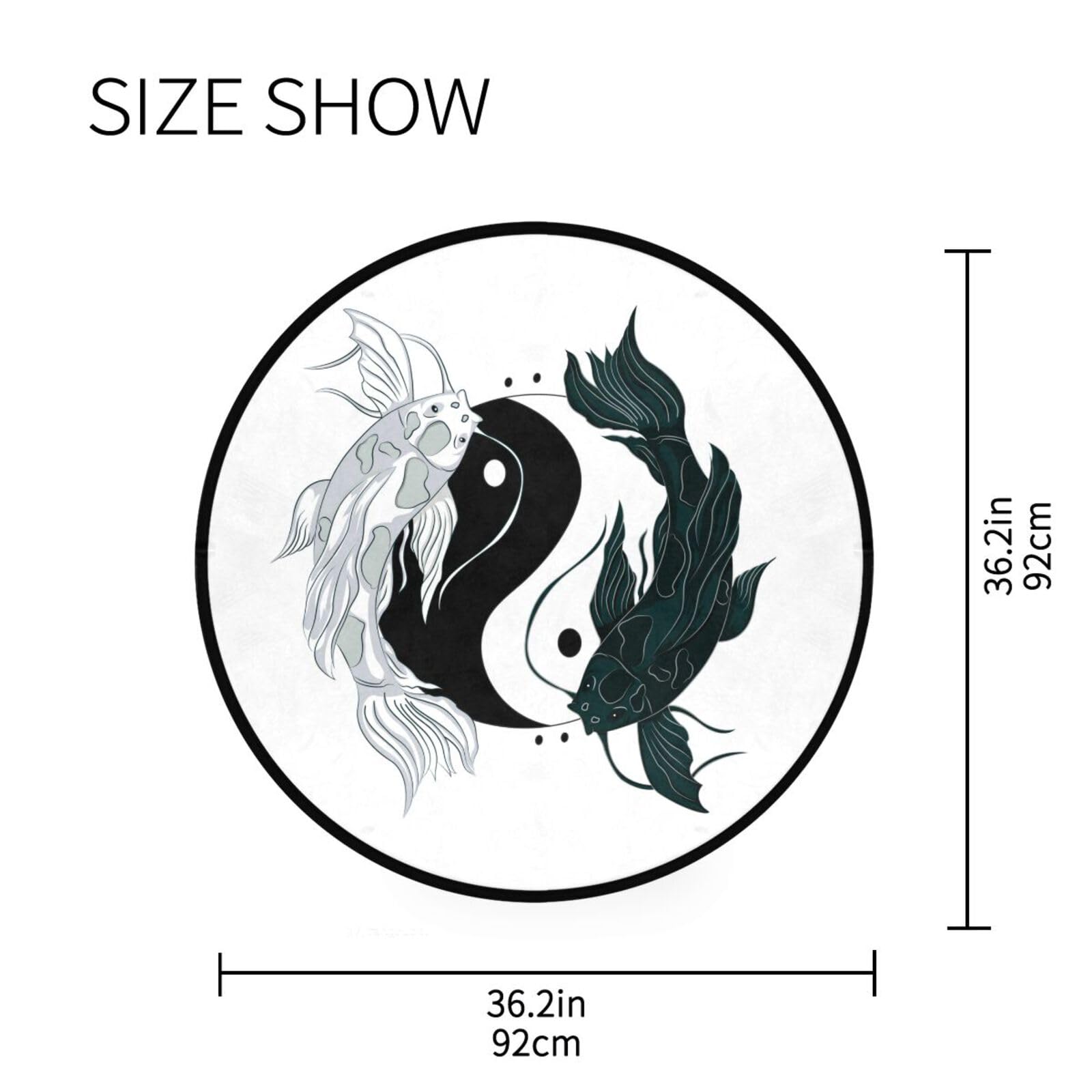 Koi Fish Yin Yang Japanese Area Rug Round 3 ft Washable for Bedroom Living Room Black White Carp Circle Rug Mat Non Slip Carpet Decor Floor Mat for Bathroom Kitchen Dorm