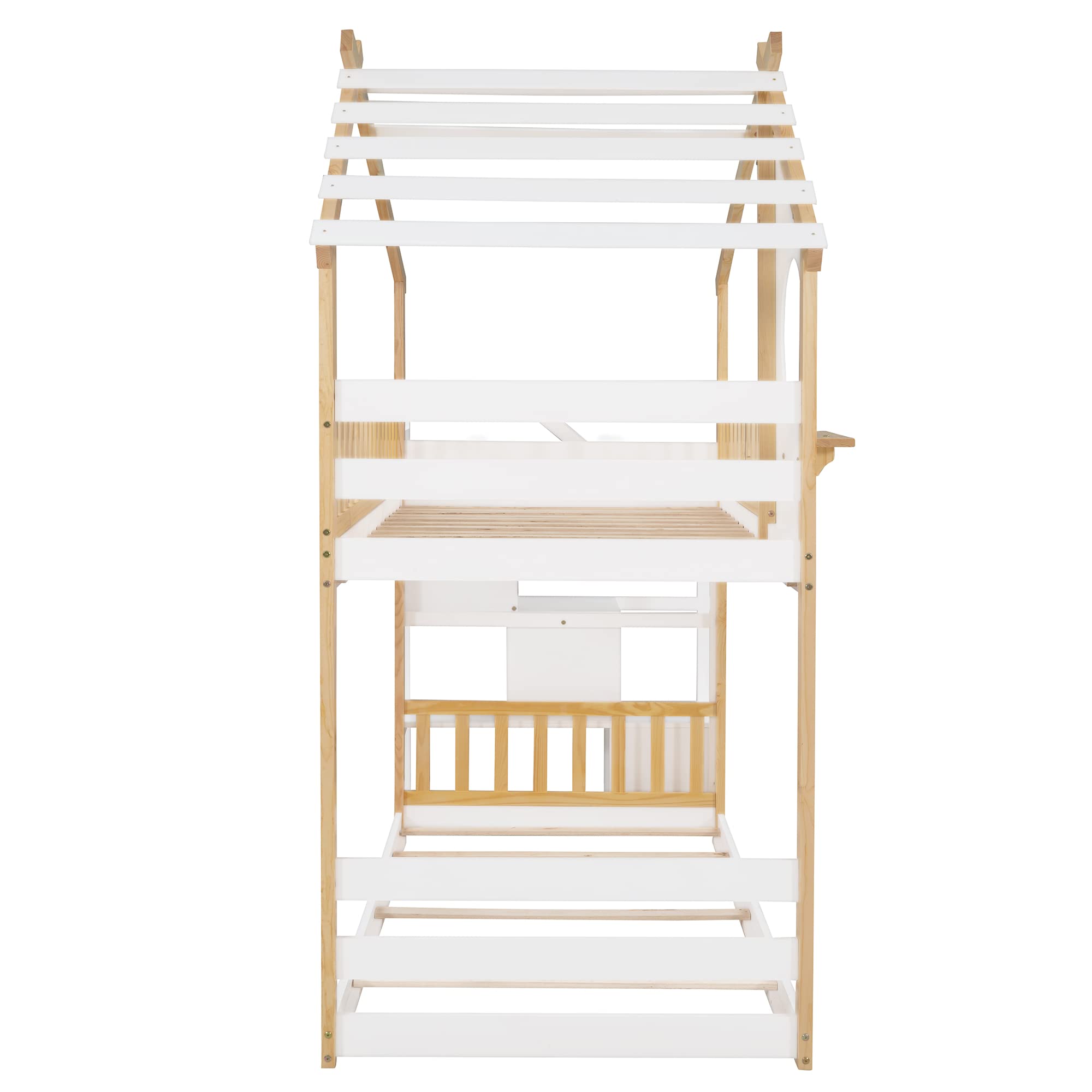 Stairway House Bunk Beds for Kids ,Floor Bunk Beds Twin Over Twin , Wood Bunk Beds with Storage Stairs , Toddlers Bunk Beds with Roof, Window for Girls, Boys , Natural Bed +White Stair