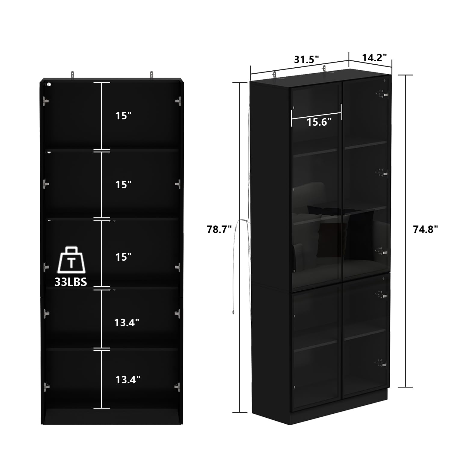 Homsee Bookcase Bookshelf with 5-Tier Shelves, 4 Glass Doors and LED Lights, Wooden Display Storage Cabinet for Home Office, Living Room, Black (31.5”W x 14.2”D x 78.7”H)